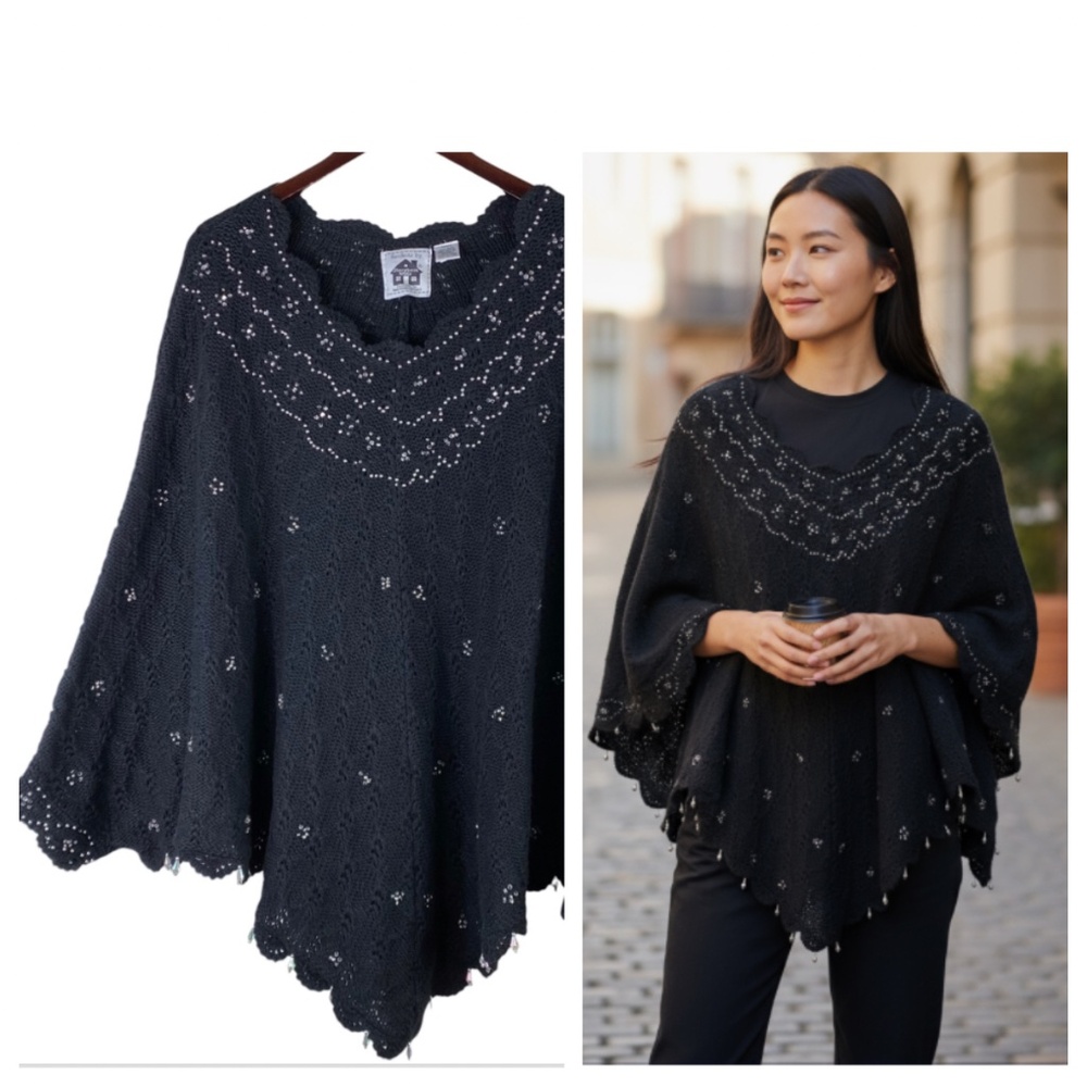 Handknits by Storybook Knits One Size Plus Poncho Sweater Black Beaded Crochet